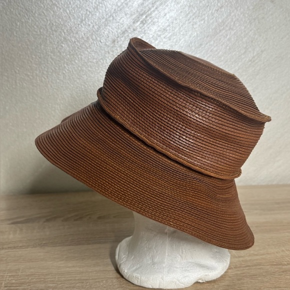 Patricia Underwood Mew York Brown Leather Vintage Fedora Corded Women Hat S/M